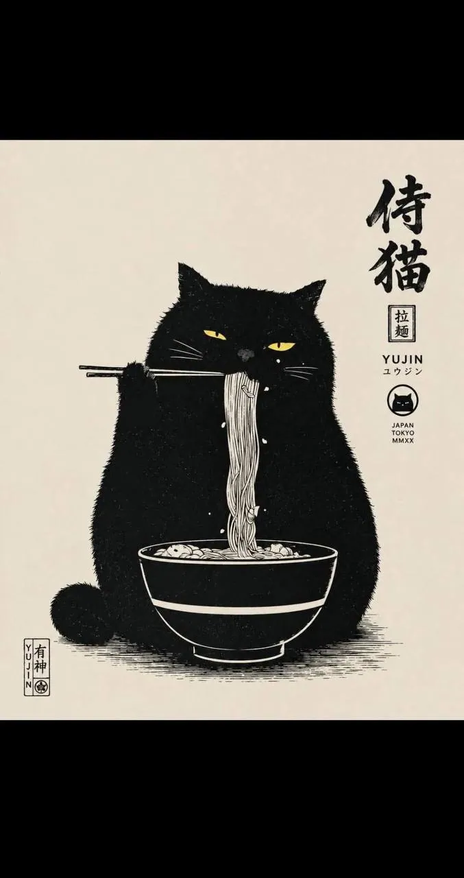 Mèo samurai ăn mì — minh hoạ